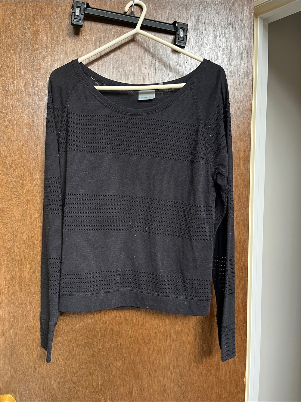Athleta Black Long-Sleeve Open-Knit Stripe Top